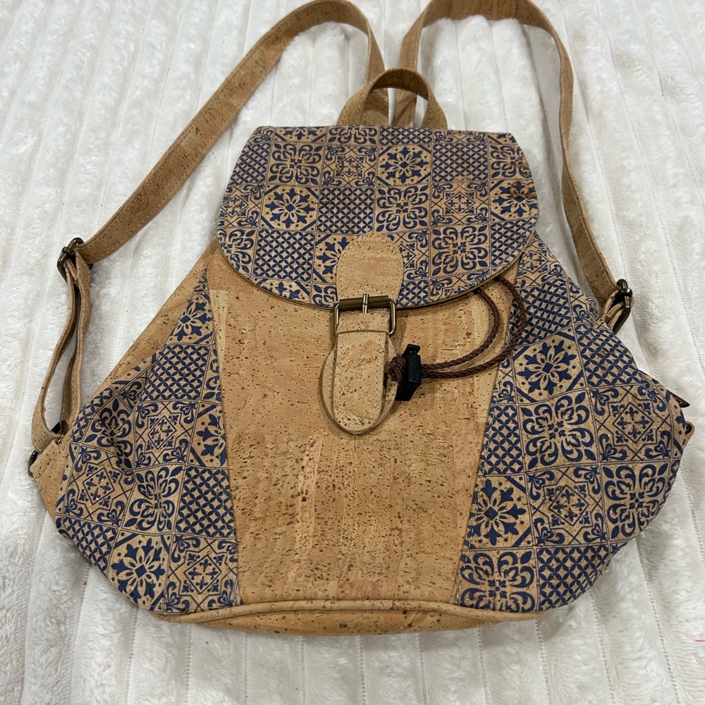 Stylish Tan and Blue Patterned Backpack